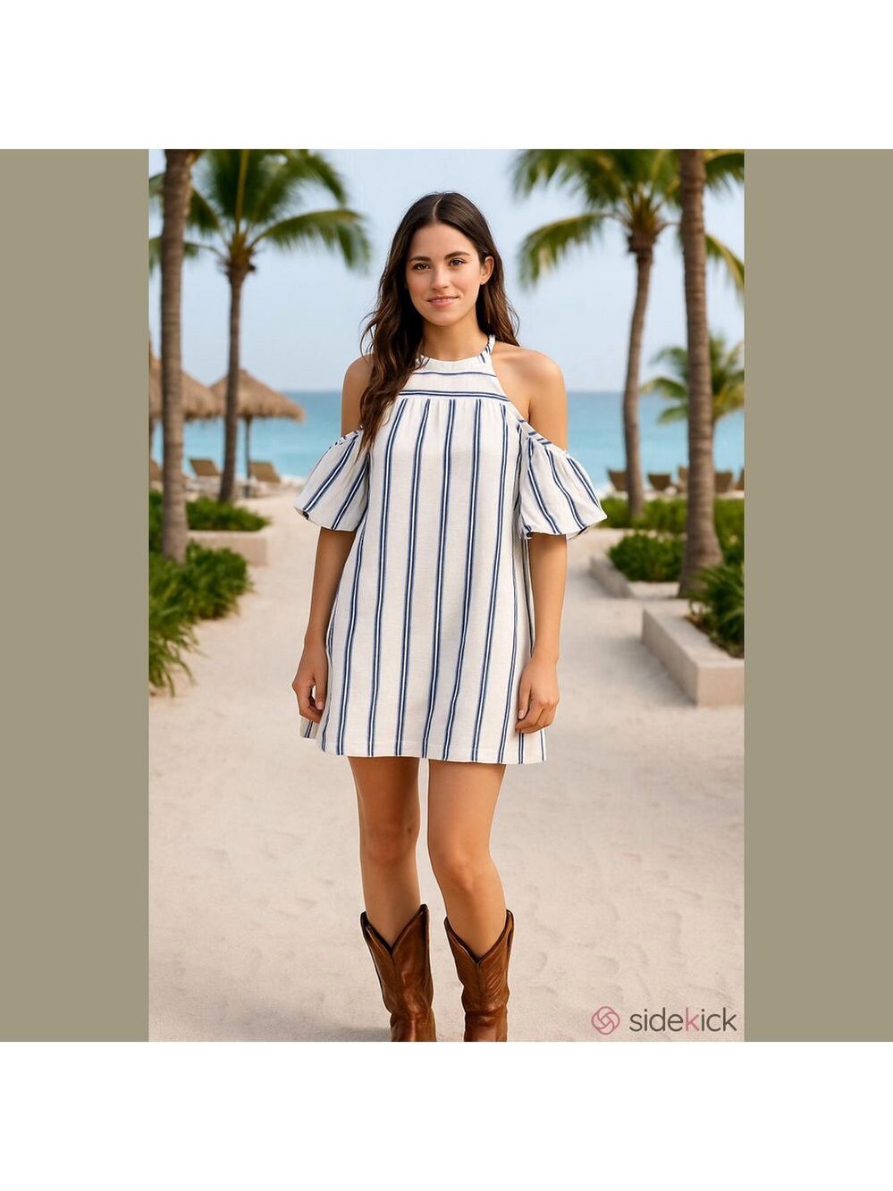GLAM Dress Coastal Cowgirl Blue & White Stripes Cold Shoulder Ruffled Sleeves